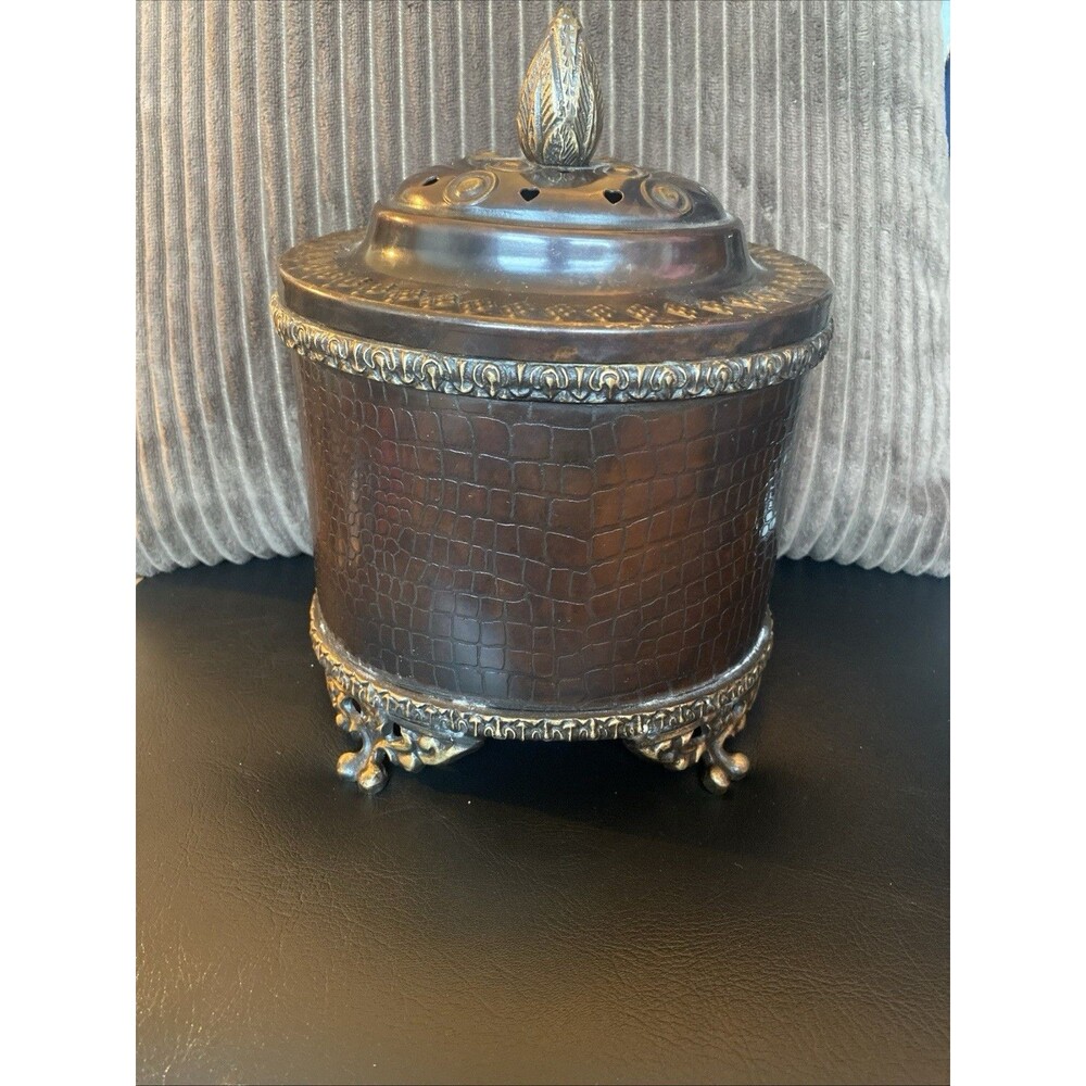 vintage bronze brass oval shaped footed metal container with vented lid, incense